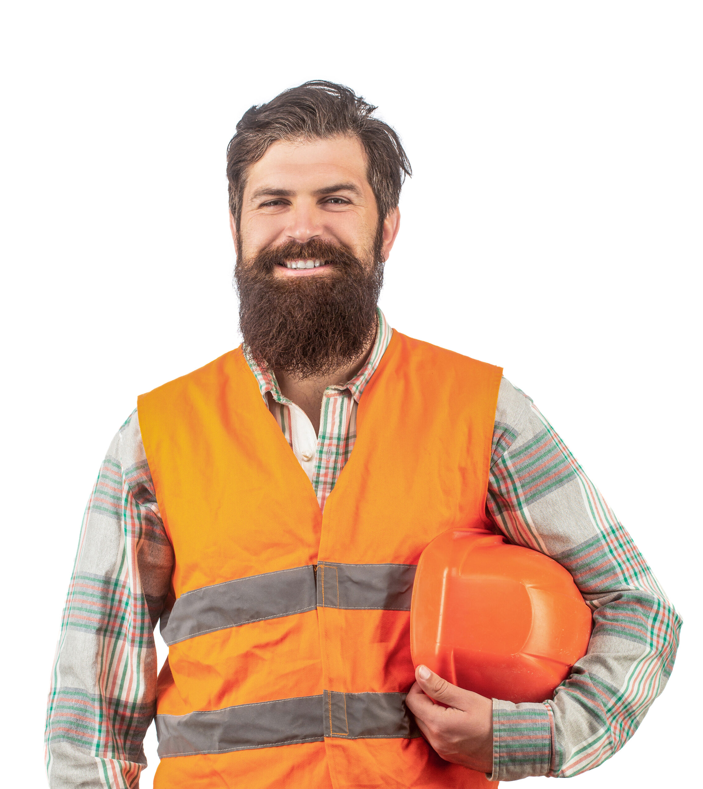Bearded man worker in building helmet or hard hat. Portrait of a builder smiling. Worker in construction uniform. Man builders, industry.